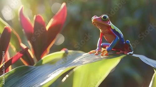 Colorful tree frog perched on a vibrant leaf in a lush, sunlit tropical environment