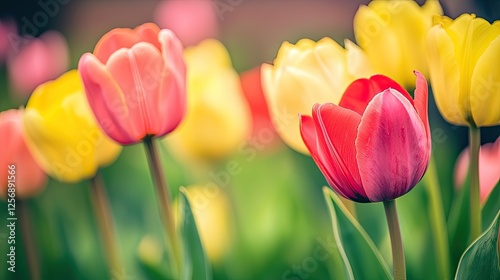 Vibrant tulips in various colors bloom in a garden, surrounded by soft-focus greenery