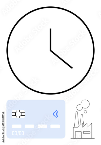 Bold clock face, credit card, and factory imagery connected to time and modern industrial economics. Ideal for finance concepts, industrial efficiency, payment trends, workflow management, digital