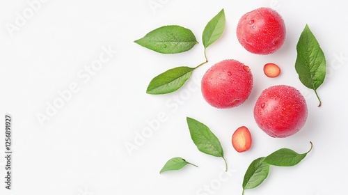 Fresh red plums with green leaves arranged artistically on a white background, showcasing natural beauty