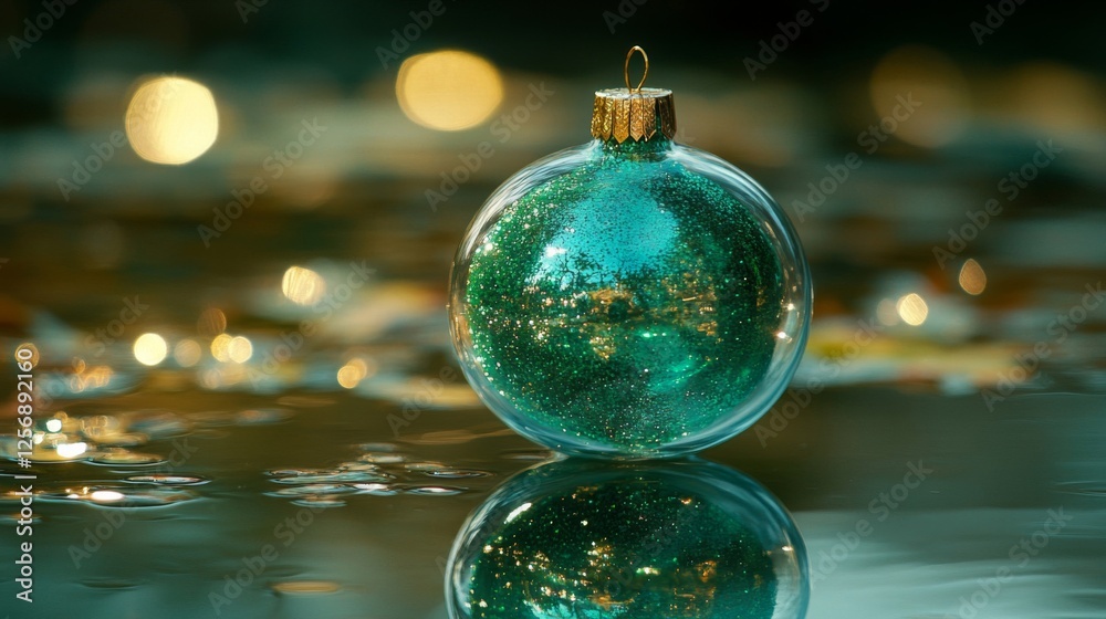 Obraz premium Teal Glitter Christmas Ornament Reflecting In Water