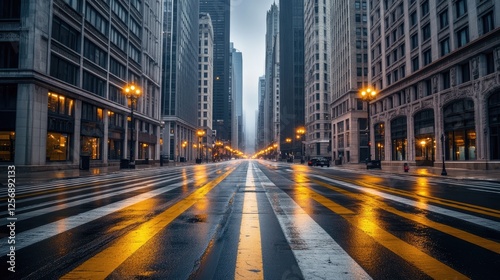 Empty City Street in the Morning Fog