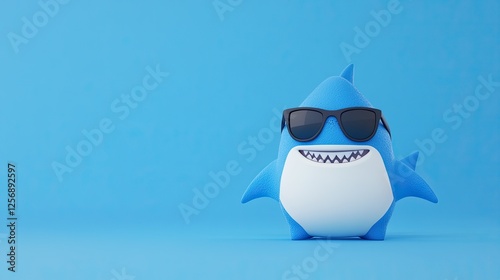 Playful blue shark character wearing sunglasses against a bright blue background, exuding fun