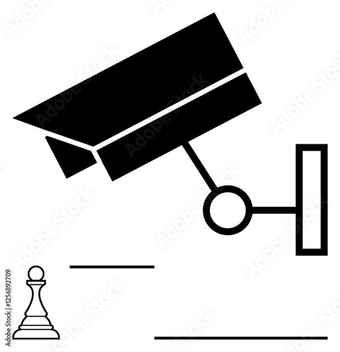 CCTV camera closely observing chess pawn among minimalist elements. Ideal for themes of surveillance, strategy, security, control, power dynamics, decision-making, abstract line flat metaphor