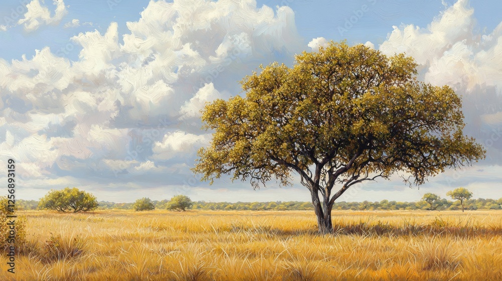 Fototapeta premium Majestic Lone Tree in Serene Golden Field Under Soft Cloudy Sky in Vibrant Landscape