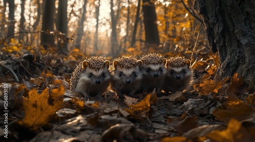 Four hedgehogs exploring a forest floor covered in orange leaves during autumn