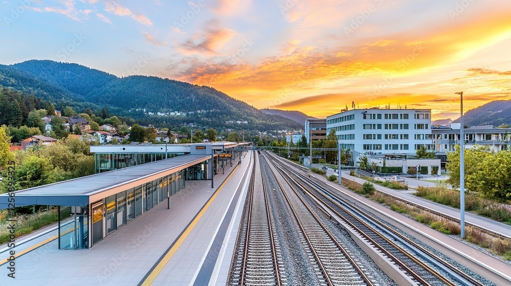 Mountain sunset train station platform travel