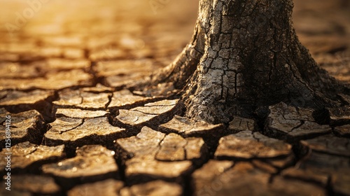 Dry cracked earth surrounding a resilient tree trunk under warm sunlight at sunset