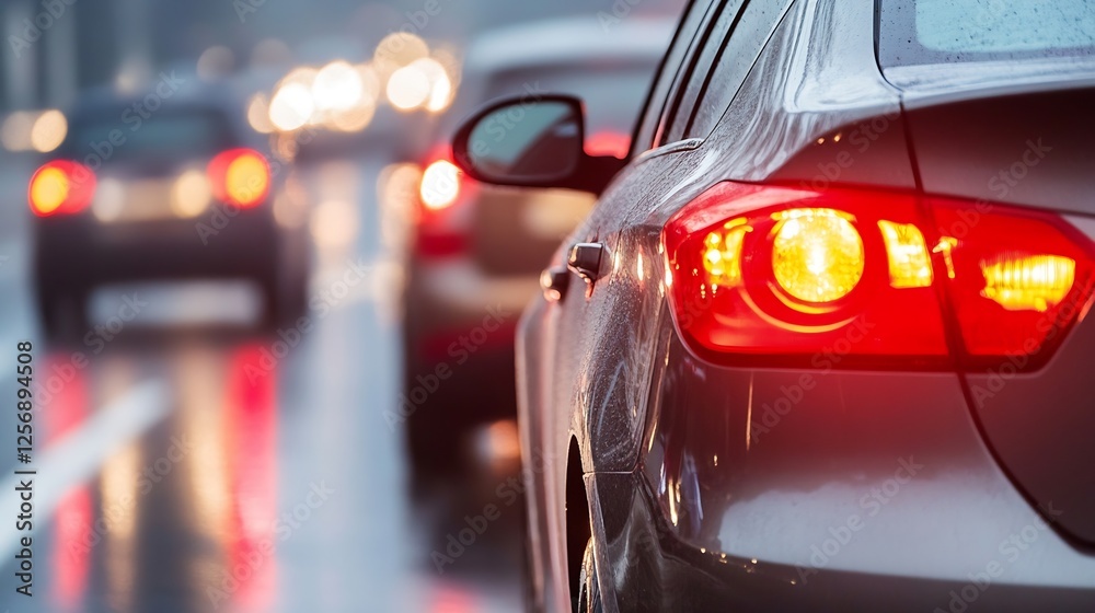 Traffic flow in city streets captured in rain with blurred headlights and taillights creating a moody atmosphere : Generative AI Traffic flow in city streets captured in rain with blurred headlights and taillights creating a moody atmosphere : Generative AI