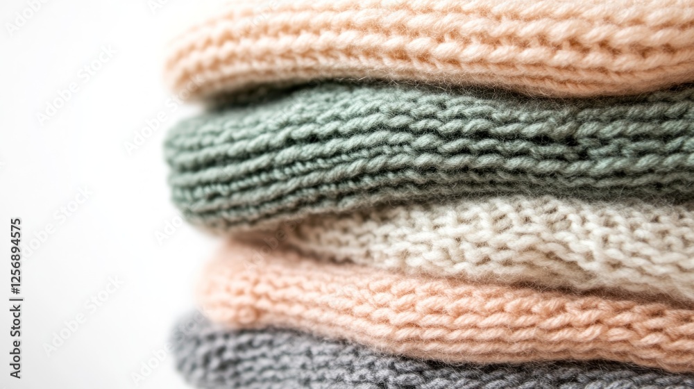 Knitted sweaters stacked, soft colors, close-up, fashion, cozy Knitted sweaters stacked, soft colors, close-up, fashion, cozy