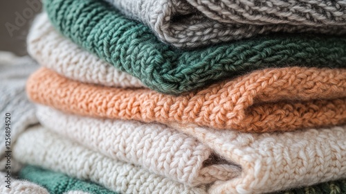 Stacked colorful knitted sweaters