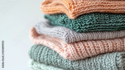Stacked colorful knitted sweaters (1) photo