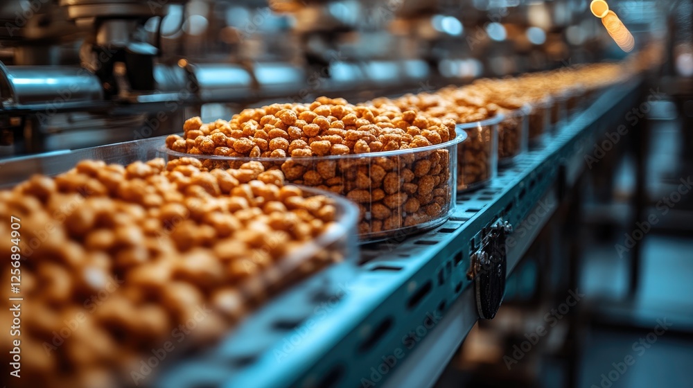 Freshly made popcorn being processed on a conveyor belt in a busy factory environment Freshly made popcorn being processed on a conveyor belt in a busy factory environment