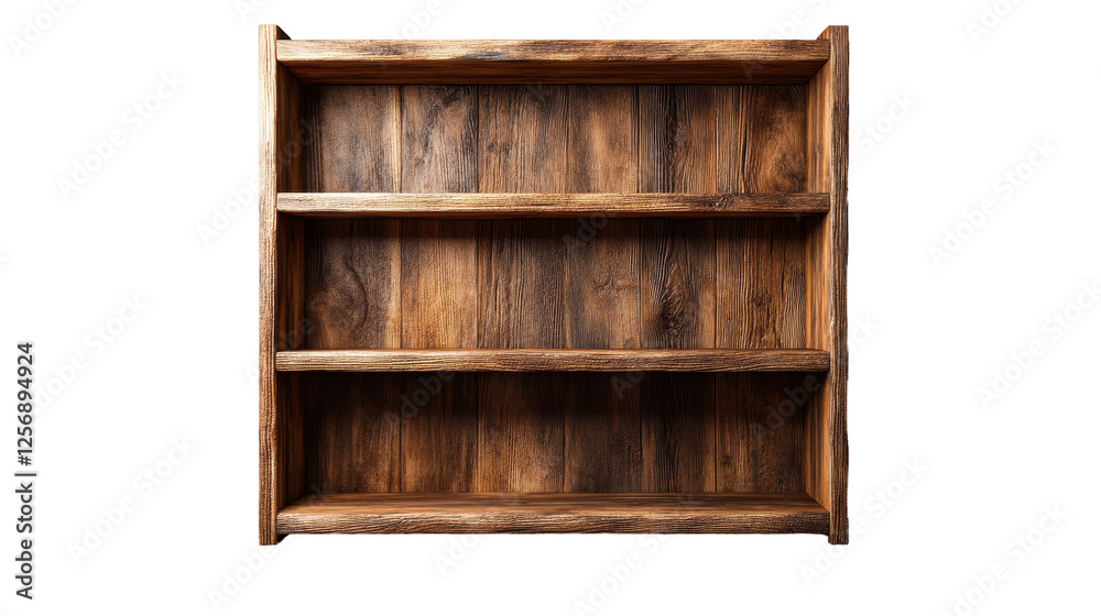 A rustic wooden shelf with four spacious compartments for storage and display. transparent background A rustic wooden shelf with four spacious compartments for storage and display. transparent background