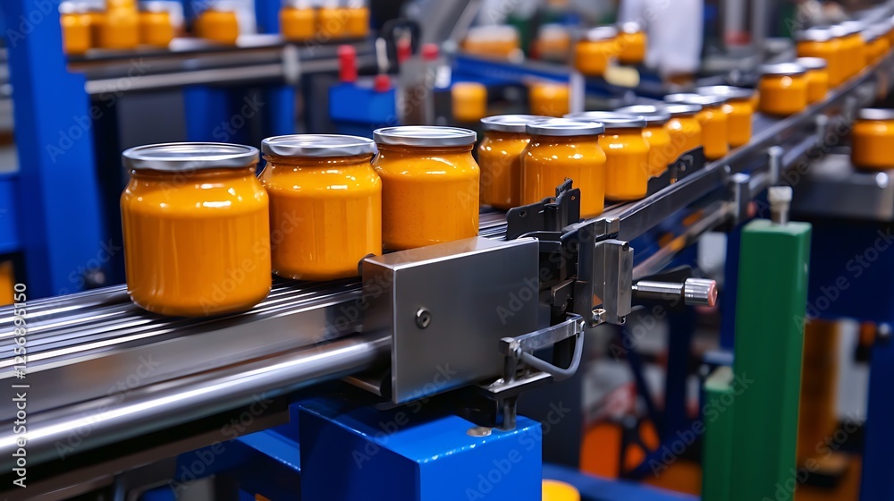 Fototapeta premium Jars of orange sauce on a conveyor belt in a modern food processing facility, workers in background