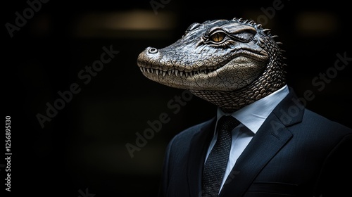 A reptilian figure in a business suit stands confidently against a dark backdrop, exuding power