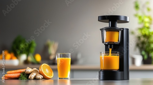 Weight loss and healthy eating. Modern juicer extracting fresh orange juice with carrots and ginger on a kitchen countertop.