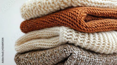 Stacked Knitted Sweaters, Neutral Colors, Clothing Display, Interior Setting photo