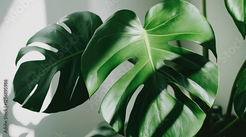 Monstera leaves under sunlight, indoor plant for natural home decoration background