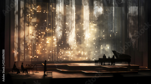 A luxurious concert stage with golden lighting, elegant chandeliers, and a grand piano performance