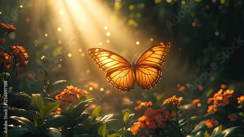 A vibrant butterfly gracefully hovering over colorful flowers in a sunlit forest, evoking serenity