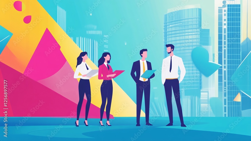 Business people discussing holding documents in abstract city environment Business people discussing holding documents in abstract city environment