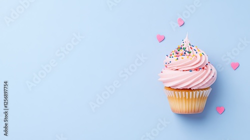 Colorful cupcake with pink frosting and sprinkles on a light blue background, ideal for celebrations