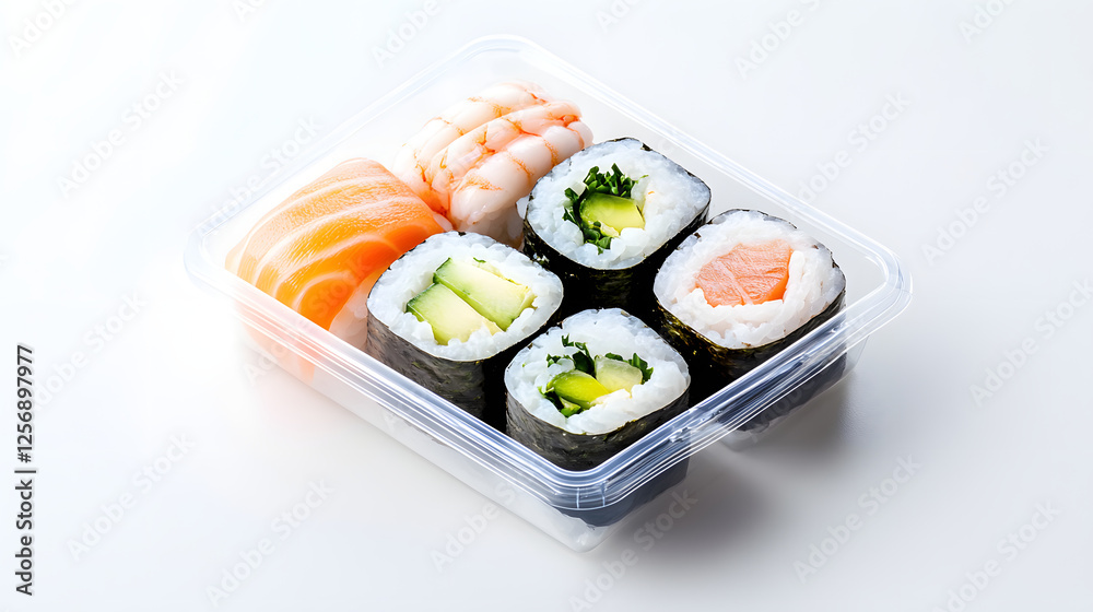 Fresh sushi rolls in biodegradable transparent package, featuring shrimp, salmon, and cucumber. Perfect for sushi lovers Fresh sushi rolls in biodegradable transparent package, featuring shrimp, salmon, and cucumber. Perfect for sushi lovers