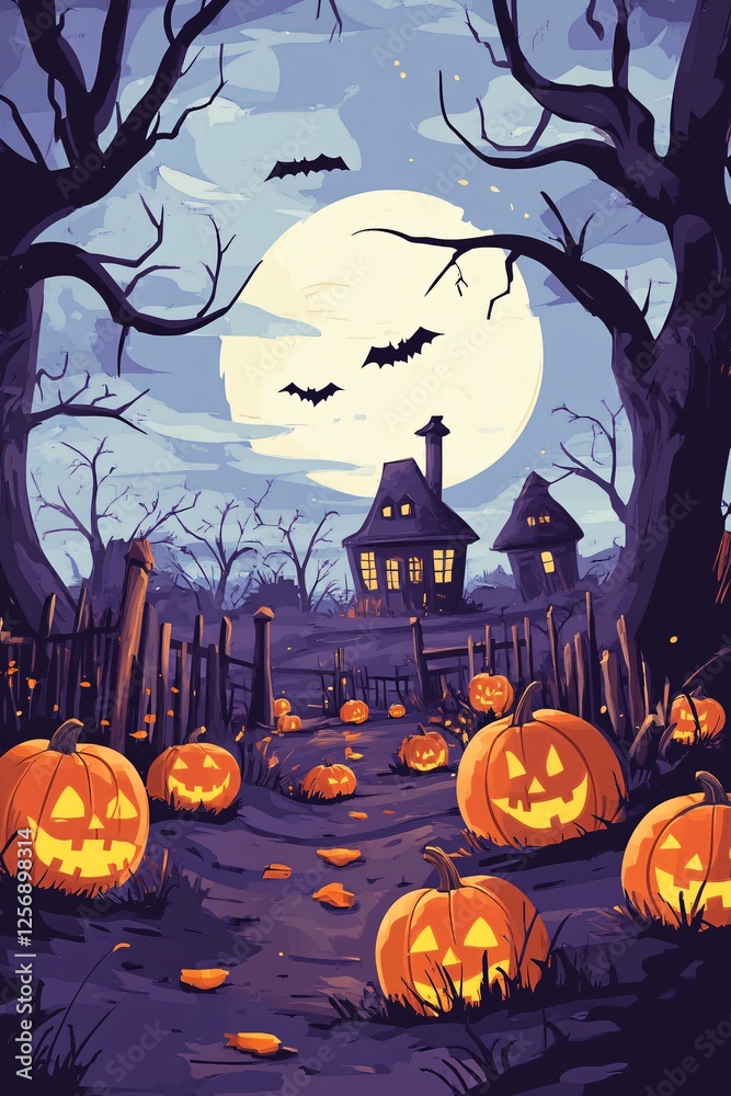 Fototapeta premium Halloween night with pumpkins leading to a haunted house