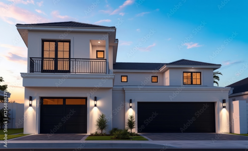 3d rendering of a white two-story modern classic home with a large garage door at dusk architecture photographyarchitecture city building urban design exterior background tourism