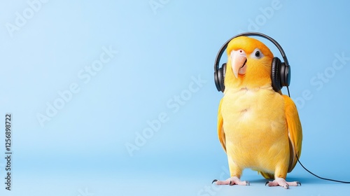 Colorful parrot wearing headphones, enjoying music against a light blue background
