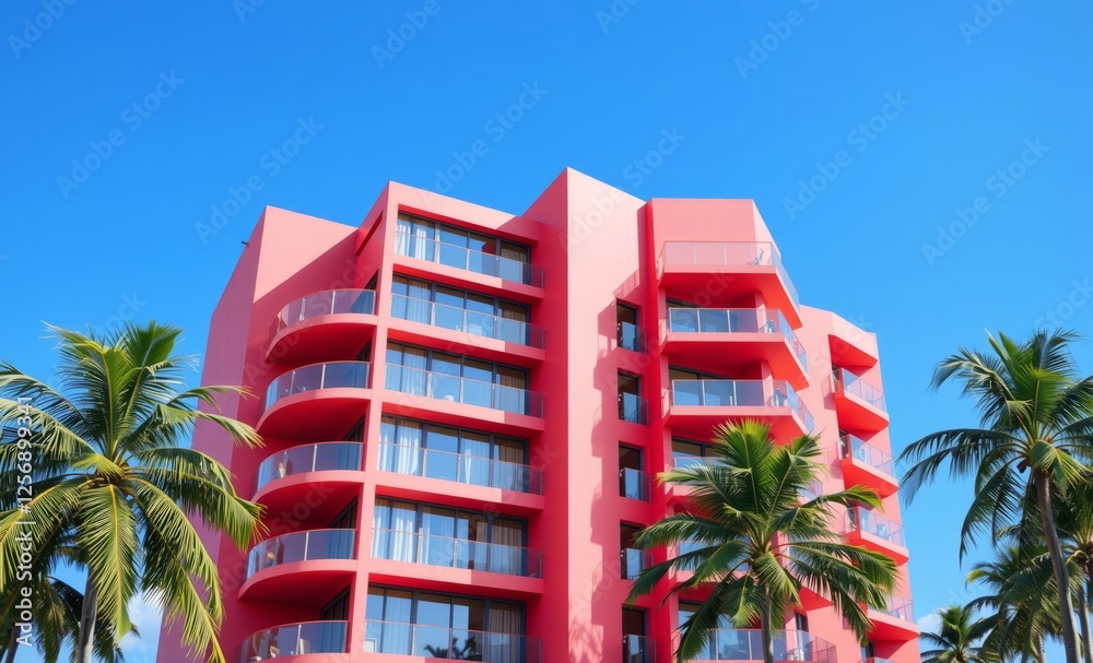 A vibrant coral-colored modern building with expansive glass balconies is showcased against a backdrop of a clear blue sky and lush green palm trees creating a stunning tropical architecture photograp