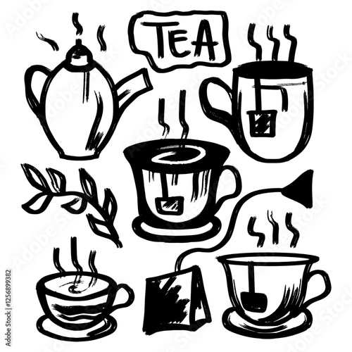 Doodle tea cup set with hand drawn brush strokes