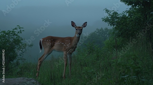 A serene deer standing gracefully in a misty forest at dawn, surrounded by lush greenery