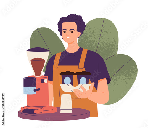 Barista or cafe worker. Male coffee shop employee holding two cups of coffee for clients. Character prepares cappuccino on coffee machine. Cartoon flat vector illustration isolated on background