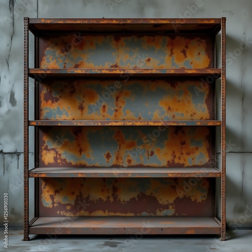 Empty rusted metal shelf on the old wall