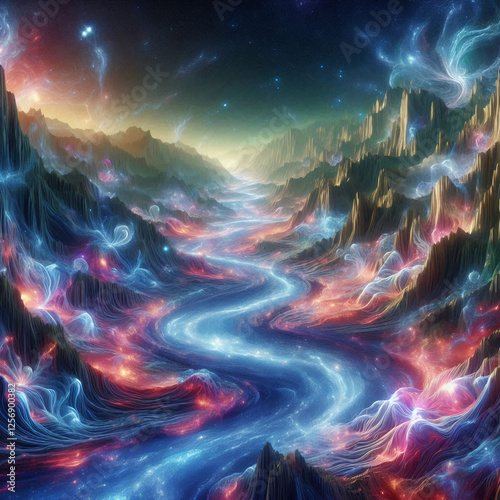 sprawling valley carved by a mysterious, softly pulsating cosmic rift. photo