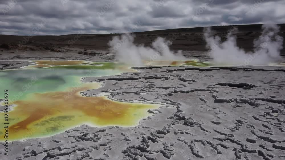 Volcano Hot Spring Geothermal landscape with vibrant hot springs and erupting steam in ...
