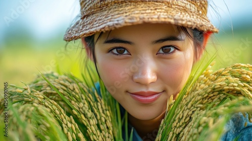 Young woman harvesting rice in lush green field, smiling with joy under clear blue sky