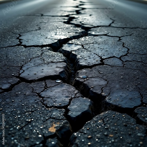 Cracked asphalt textured surface along the road photo