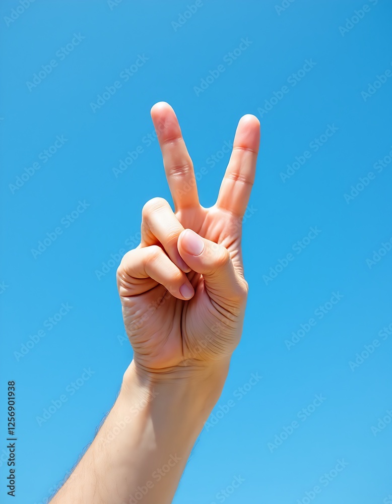 A single hand making universal peace or victory sign gesture against blue sky A single hand making universal peace or victory sign gesture against blue sky