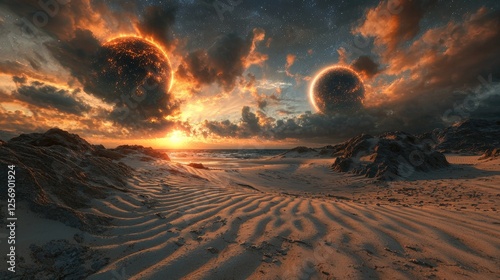 Breathtaking sunset over a surreal beach landscape with two planets in the sky, evoking wonder