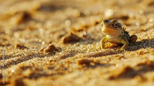 A small amphibian basking on golden sand under warm sunlight, surrounded by a natural landscape