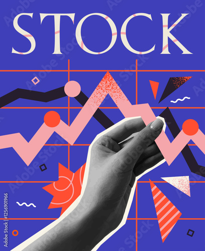 Poster in halftone style. Trendy flyer with black and white textured hand holding stock market chart. Trading, investing and budget management. Financial growth. Realistic cartoon vector illustration