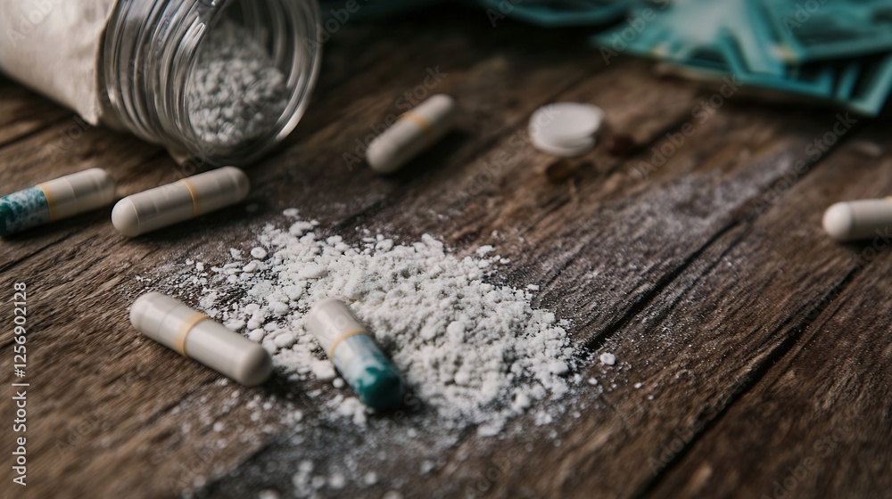 Natural supplements spilling out of a glass jar onto wooden table with capsules and powder : Generative AI Natural supplements spilling out of a glass jar onto wooden table with capsules and powder : Generative AI