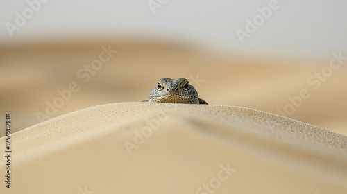 A lizard peeking over a sand dune in a vast desert landscape under a clear blue sky