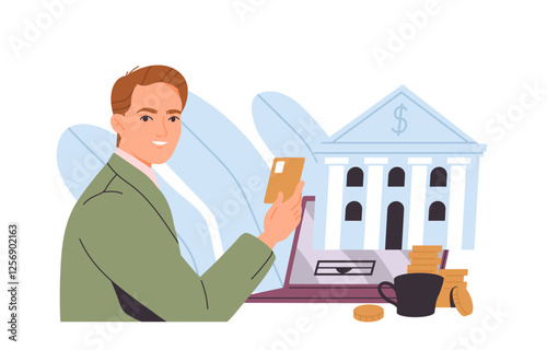 Mobile banking service. Man holding credit card and managing personal finances online using app on laptop. Modern technologies for money management. Flat vector illustration isolated on background