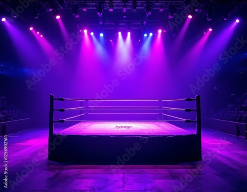 Wrestling ring bathes under a vibrant purple and blue lights on stage, sports concept