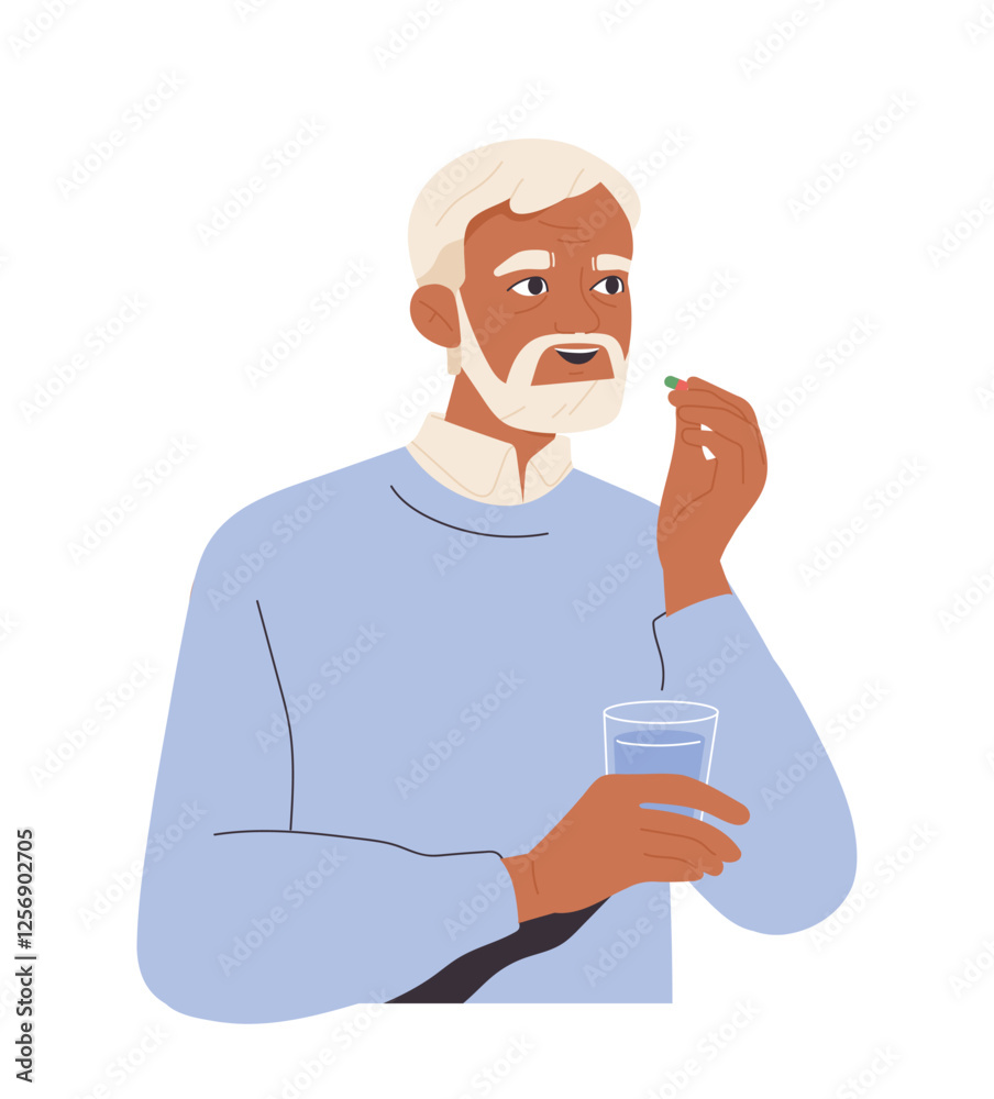 Person takes pill. Elderly man holding glass of water and taking pharmacological drug or medicine to treat illness. Healthcare and disease prevention. Flat vector illustration isolated on background Person takes pill. Elderly man holding glass of water and taking pharmacological drug or medicine to treat illness. Healthcare and disease prevention. Flat vector illustration isolated on background