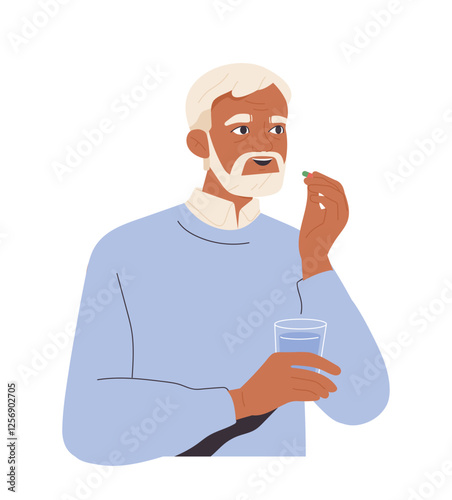 Person takes pill. Elderly man holding glass of water and taking pharmacological drug or medicine to treat illness. Healthcare and disease prevention. Flat vector illustration isolated on background
